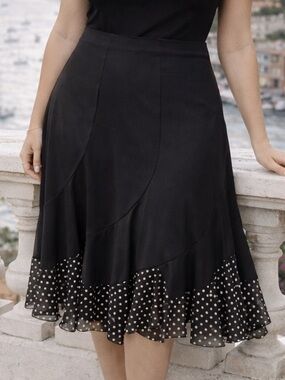 🎉4/30$🎉 J Janet Black Polka Dot Ruffle Skirt Vintage Stretchy Midi Size S